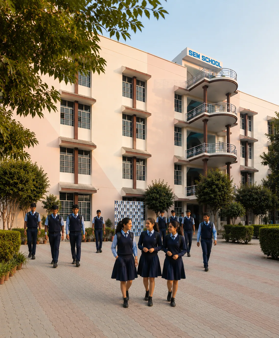 Students of SEM CBSE School walking down the main building steps